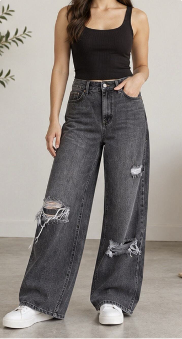 Garage Denim Jambe Large Women’s Jeans Size 5 27 Black Distressed Wide Leg